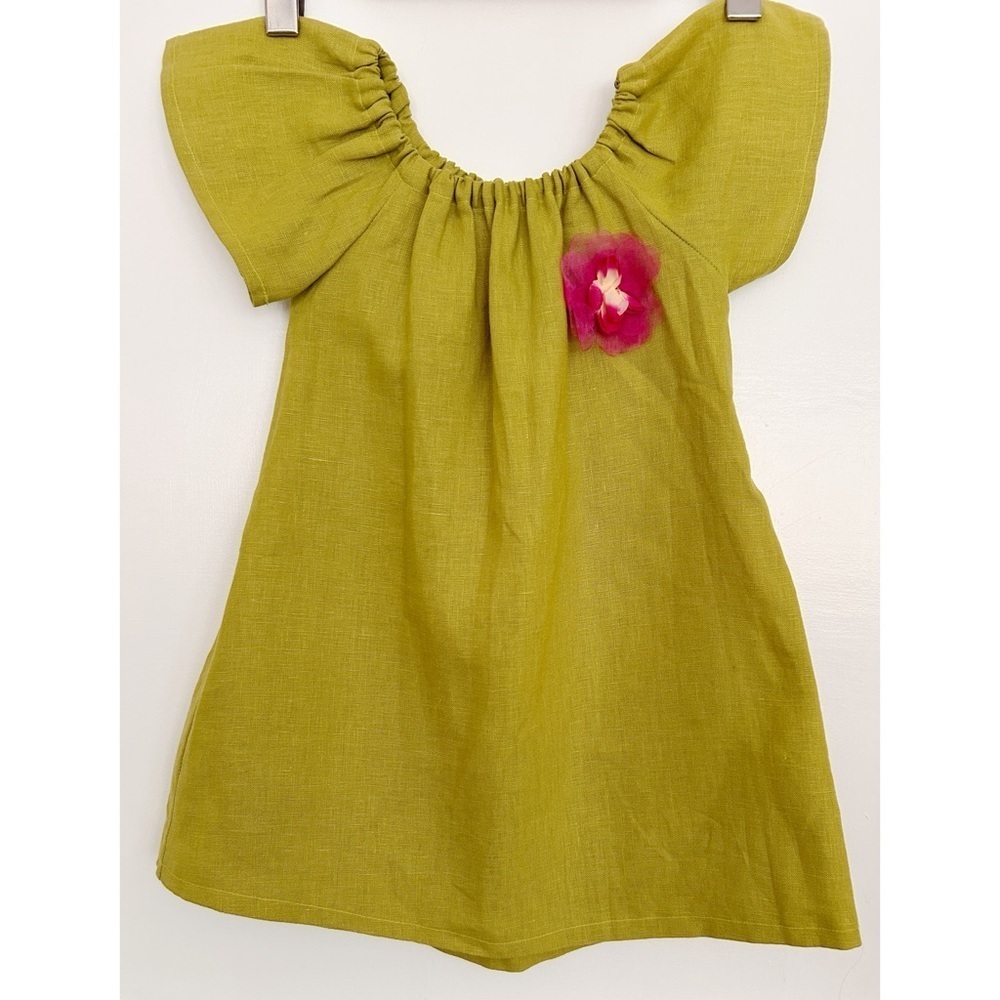 Girl’s A-Line Cap Sleeve Chartreuse Linen Dress with Removeable Pin and Bow